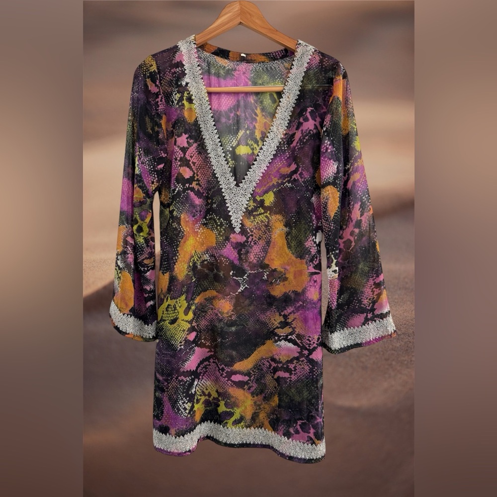 🛍️SALE🛍️Vibrant Multicolor V-Neck Boho Tunic Top Cover Up Mini Dress (100% Silk) - Picture 5 of 7